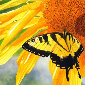 Yellow Butterfly Sunflower Watercolor Painting Print by Cathy Hillegas, 8x10 Tiger Swallowtail Print, Butterfly home decor, gifts for her image 1