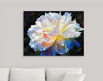 White Peony Art Watercolor Painting Print on Canvas by Cathy HIllegas, 30x40 canvas art, watercolor peony, peony canvas, made to order