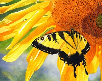 Yellow Butterfly Sunflower Watercolor Painting Print by Cathy Hillegas, 8x10 Tiger Swallowtail Print, Butterfly home decor, gifts for her