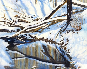 Winter Creek Landscape Original Watercolor Painting by Cathy Hillegas