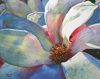 Tulip Magnolia Art Watercolor painting print by Cathy Hillegas, Singing The Blues, 8x10, watercolor print, white, blue, yellow, pink, orange