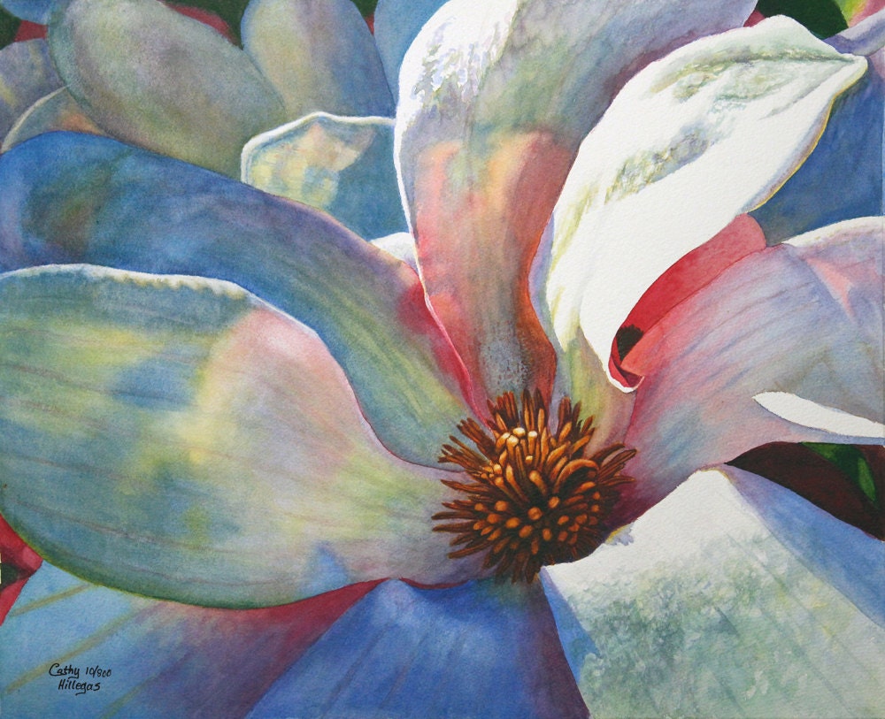 Tulip Magnolia Art Watercolor painting print by Cathy Hillegas, 11x14 art, floral watercolor print, magnolia print, white blue yellow pink