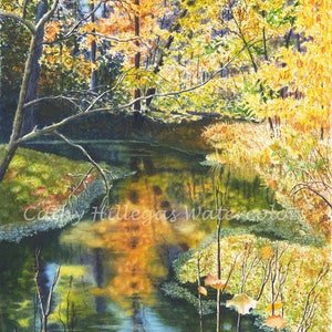 Autumn Landscape Creek Art Watercolor Painting Print by Cathy Hillegas, 16x21, yellow orange green blue, watercolor landscape, reflections