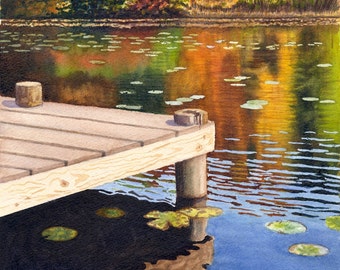Autumn Lake Landscape Watercolor Painting Print by Cathy HIllegas, 16x20 art print, lake house decor, watercolor lake, lake gift