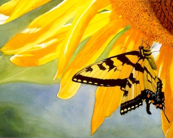 Yellow Butterfly Floral Watercolor Painting Print by Cathy Hillegas, 12x18, watercolor print, Watercolor Sunflower, yellow black green blue