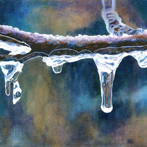 Winter Icicles Watercolor Painting Print by Cathy Hillegas, 8x10 watercolor icicle art, winter watercolor print, tree ice winter art