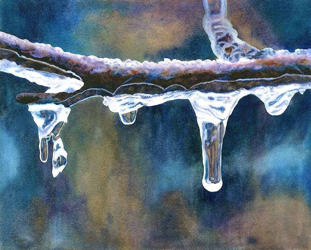 Winter Icicles Watercolor Painting Print by Cathy Hillegas, 8x10 watercolor icicle art, winter watercolor print, tree ice winter art