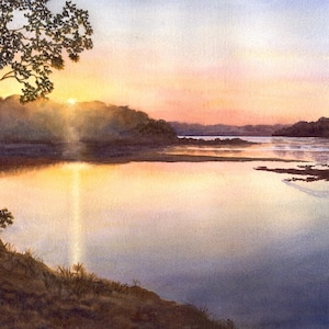 Landscape River Sunset Watercolor Painting Print by Cathy Hillegas, 12x16, Ohio River art, lake house, yellow peach pink, blue, green, brown