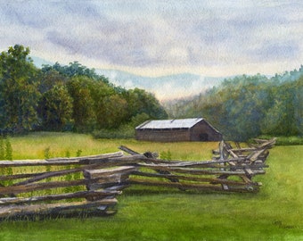 Smoky Mountain Barn Original Watercolor Painting by Cathy Hillegas, 11x14 watercolor landscape, Cades Cove, Smoky Mountains.