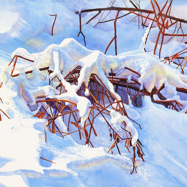 Snow Art Original Watercolor Painting by Cathy HIllegas, winter landscape, white, blue, purple, yellow, red, brown, winter art, fine art