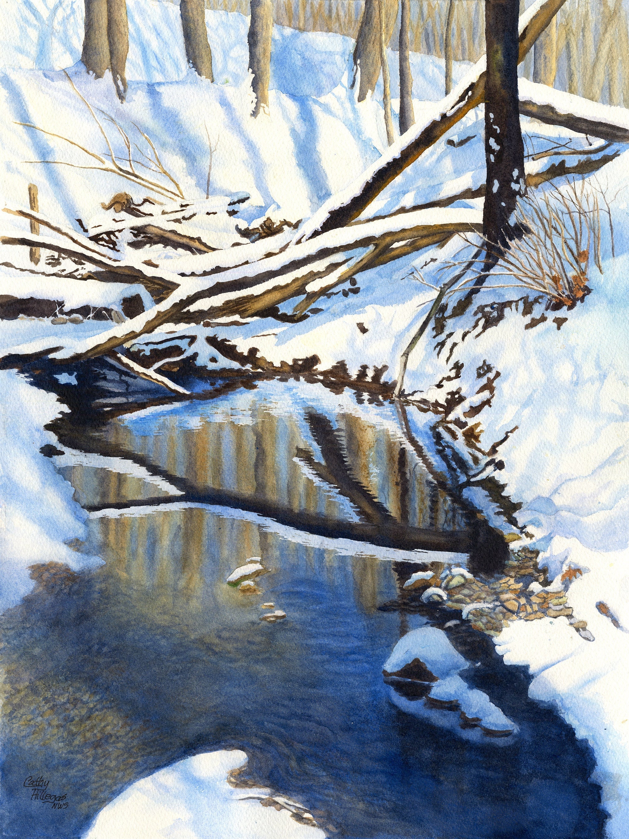 Winter Snow Creek Landscape Original Watercolor Painting by Cathy