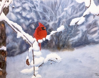 Cardinal Snow Watercolor Painting Print by Cathy Hillegas, 8x10 watercolor cardinal art, cardinal watercolor print