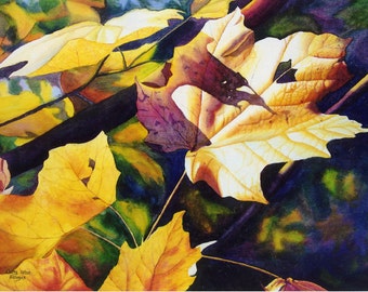 autumn leaves art watercolor painting print by Cathy Hillegas, October Light, 11x14 art, watercolor print, yellow, orange, purple, green