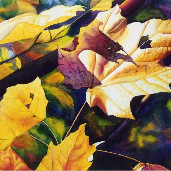 Golden Leaves Watercolor painting print by Cathy Hillegas, watercolor print, trees, maple leaves, gold, yellow, orange, purple, blue, green