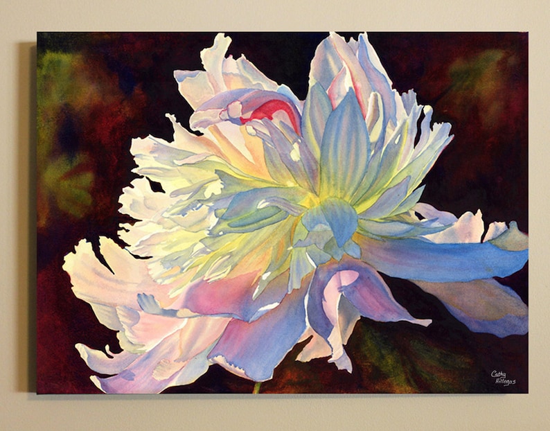 White Peony Canvas Art Watercolor Painting Print by Cathy HIllegas, watercolor peony on canvas, watercolor flowers, gifts for mom
