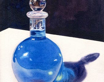 Blue Bottle Watercolor Painting Print by Cathy Hillegas, 8x10, glass bottle watercolor print, still life painting, blue glass bottle art