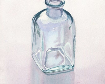 Glass Bottle Art Watercolor Painting Print by Cathy Hillegas, watercolor still life, 8x10, watercolor print, realism art, teal purple green