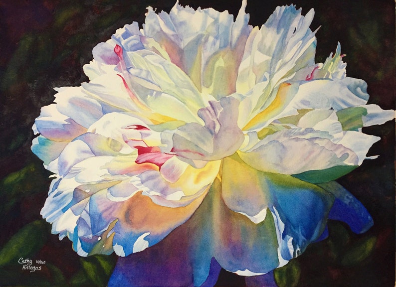 White Peony Watercolor Painting Print by Cathy Hillegas, 8x10 peony watercolor print, Valentines Day gift under 30 image 1