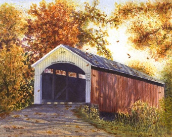 May include: Watercolor painting of a covered bridge in autumn. The bridge is red with a white roof and the text "CROSS THIS BRIDGE AT A WALK" and "LOAD LIMIT 8 TONS". The year "1883" is visible. The scene includes falling leaves and trees with golden foliage.