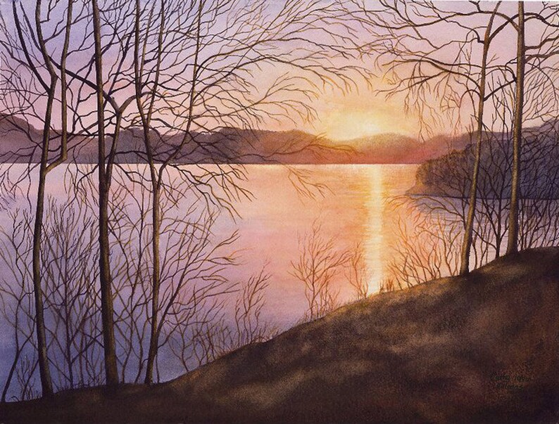 Lake Cumberland sunrise art watercolor painting print 8x10 by | Etsy