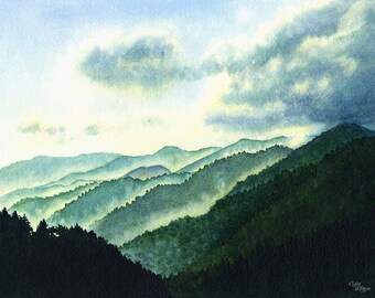 Smoky Moutains Art Watercolor Painting Print by Cathy Hillegas, 8x10 watercolor landscape, watercolor print, smoky mountain wall art