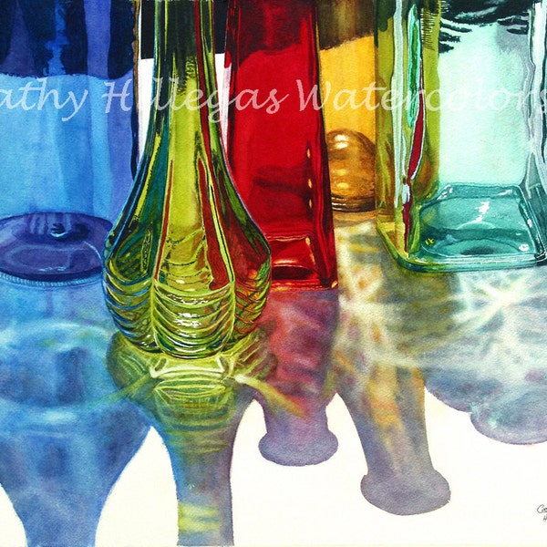 Colored Glass Bottles watercolor painting print, Cathy Hillegas art, 16x20 watercolor print, rainbow colors, Blue Green Red Yellow Teal art