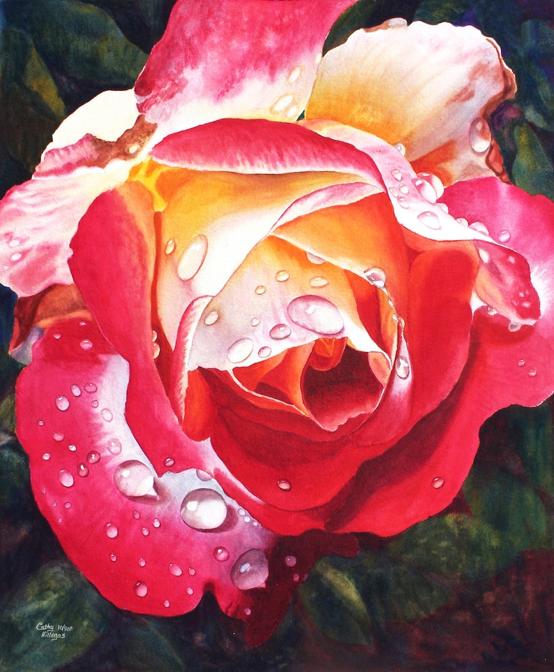 Red Yellow Rose Art Watercolor Painting Print by Cathy Hillegas, raindrops on roses, double delight rose art, 12x14.5 watercolor floral prin image 1