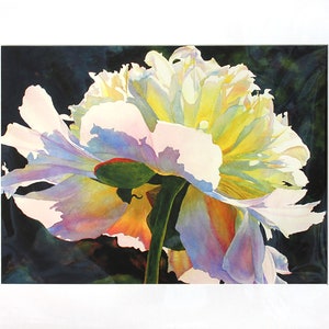 White Peony Art Watercolor Painting Print by Cathy Hillegas, flower watercolor, 12x16 watercolor print, peony wall art, gifts for her matted in white