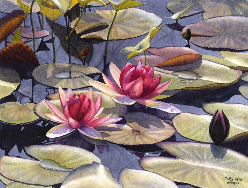 Water Lily art watercolor painting print by Cathy Hillegas, 8x10, watercolor print, pink flowers, pink art, red, green, blue, purple, yellow image 1