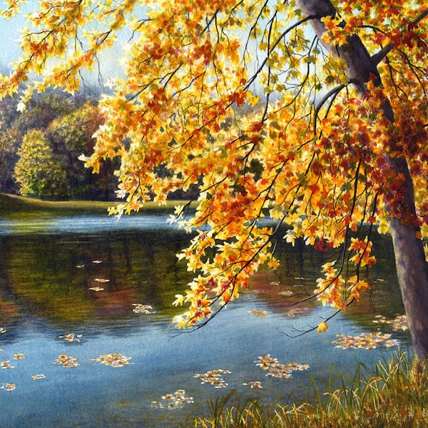 Autumn lake landscape watercolor painting print by Cathy Hillegas, 12x16, October Reflections, yellow, orange, red, green blue, brown, black
