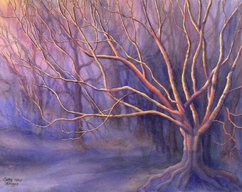 Mystical Tree art watercolor painting print by Cathy Hillegas, 16x21, Reaching For The Light, blue gold purple, spritual, fantasy, woodland