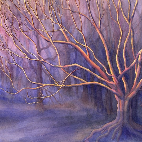 Mystical Tree art watercolor painting print by Cathy Hillegas,Reaching For The Light,  12x16, blue purple, spiritual art, fantasy, woodland