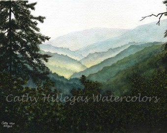 Smoky Mountains art watercolor landscape painting print by Cathy Hillegas, 16x21.5, misty mountains, green, teal, yellow, blue, black