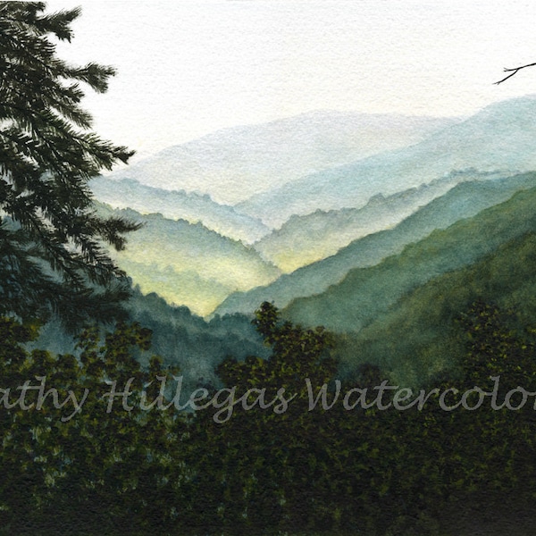 Smoky Mountains art landscape watercolor painting print by Cathy Hillegas, 11x14 watercolor print, green art, teal art, yellow, blue, black