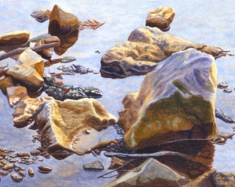 Creek Watercolor Painting Print by Cathy Hillegas, 16x21 watercolor print, watercolor rocks, watercolor water