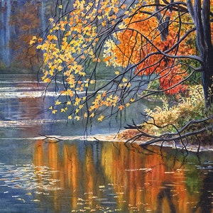 Autumn Lake Watercolor Painting Print by Cathy Hillegas, 16x22 art print, watercolor landscape art, autumn colors