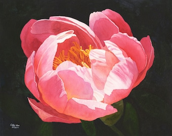 Hot Pink Peony Watercolor Painting Print by Cathy Hillegas, pink peony home decor, Gift for women, gift for gardeners