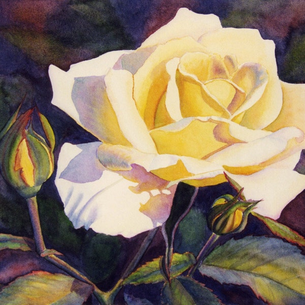 Yellow Rose art watercolor painting print by Cathy Hillegas, watercolor print, watercolor rose , 8x10 art, floral art,yellow, purple, green
