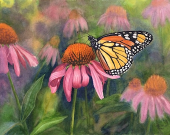 Monarch Butterfly Watercolor Painting Print by Cathy Hillegas, 8x10 butterfly print, purple cone flower art, butterflly gift