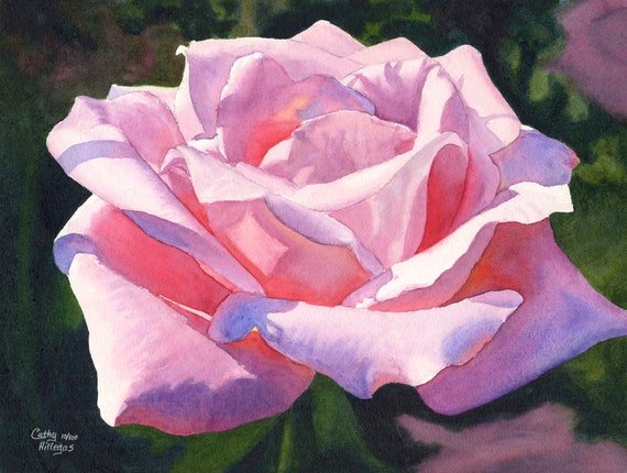 Pink Rose Watercolor Painting Print by Cathy Hillegas, 8x10 Rose