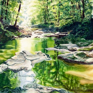 Creek Watercolor Landscape Painting Print by Cathy Hillegas, 8x10 watercolor print, McCormick's Creek, watercolor trees, green yellow art