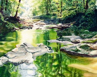 Creek Watercolor Landscape Painting Print by Cathy Hillegas, 8x10 vertical print, McCormick's Creek, watercolor trees, green art