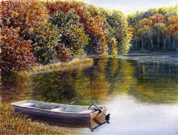 Autumn Lake Boat Watercolor Painting Print by Cathy Hillegas
