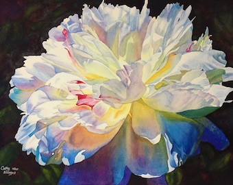 White Peony Watercolor Painting Print by Cathy Hillegas, 12x16 watercolor peony wall decor, Valentines day gift under 60
