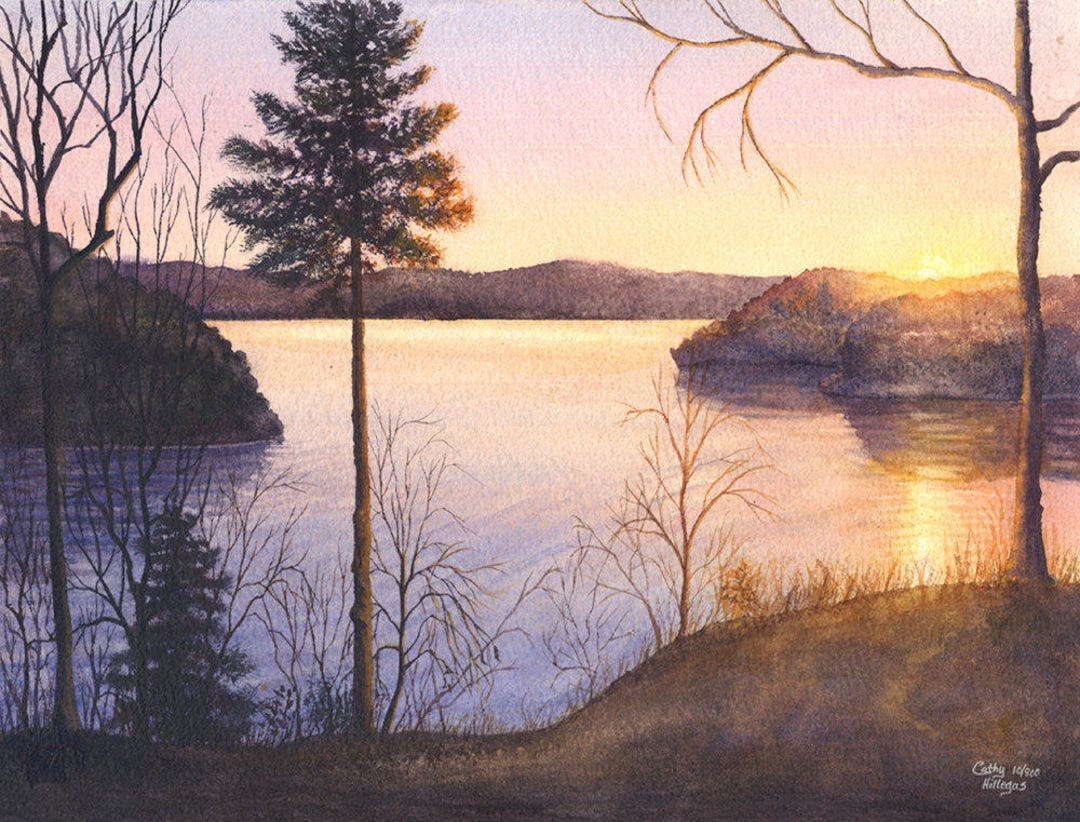 Lake Sunrise Watercolor Painting Print by Cathy Hillegas, 8x10 Art ...