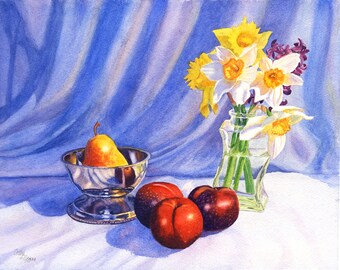 Still Life Watercolor Painting Print by Cathy Hillegas, 8x10 still life Watercolor print, watercolor daffodils, watercolor fruit art