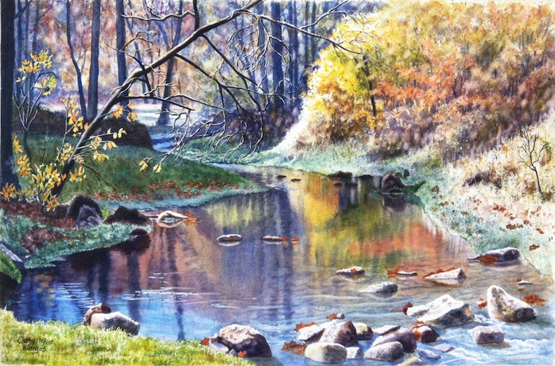Ruisseau automne peinture aquarelle imprimer par Cathy HIllegas, 16 x 22, aquarelle paysage, aquarelle creek impression, aquarelle, paysage dautomne image 1