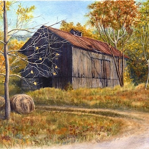 Barn art watercolor painting print by Cathy Hillegas, 8x10, watercolor print, watercolor landscape, landscape painting, autumn colors