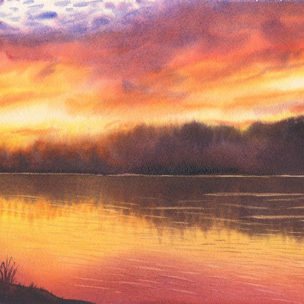 Sunset lake art watercolor painting by Cathy HIllegas, original painting, red, yellow, orange, brown, black, watercolor landscape, sunset 12