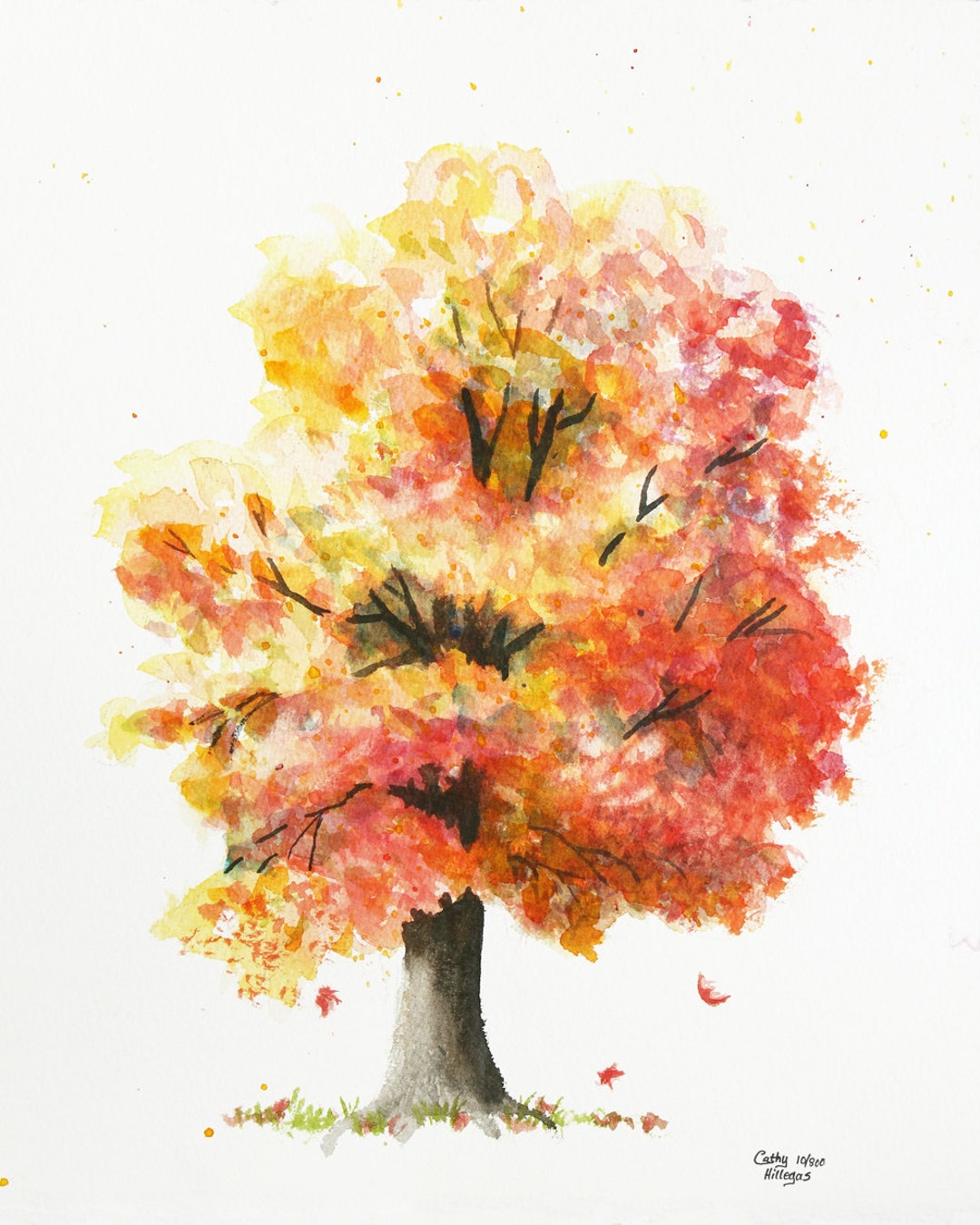 Autumn Tree Watercolor Painting Print, Cathy Hillegas, 8x10
